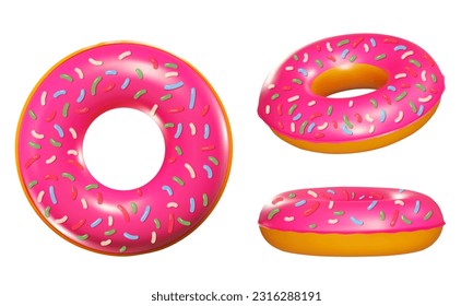 A render of a donut-shaped swim ring with sprinkles. different angles. Vector 3D illustration isolated on white background