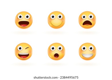 Render emoji faces. 3d smile expressions, isolated smiling emoticon closeup, cartoon character head with happy laugh upset wow emotion for messenger, vector illustration of emoji emoticon expression