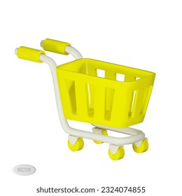 Render of an empty yellow basket trolley on wheels for shopping and trade. Vector 3d illustration isolated on white background