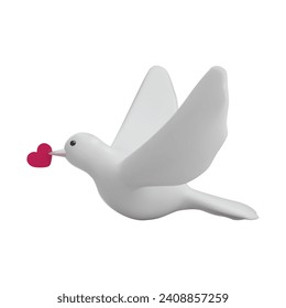 Render of a flying dove with a pink heart. Vector 3d illustration on isolated background