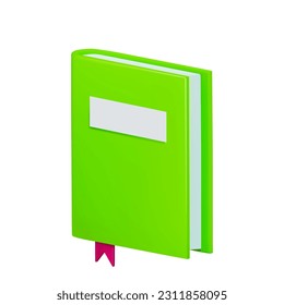 representación del icono del libro verde con marcador y etiqueta rosa. Ilustración vectorial 3d sobre fondo blanco aislado