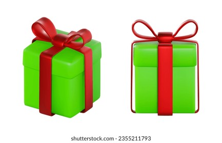 Render of a green gift with a red bow in different projections. front and isometric view. vector 3d illustration on isolated white background