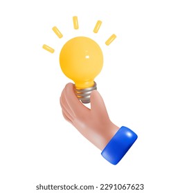 Render of a hand with a glowing light bulb. Idea concept. vector illustration in 3d style