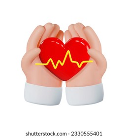 render hands holding heart with rhythm. vector 3d illustration on isolated white background