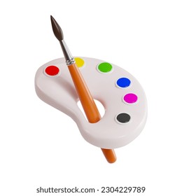 render icons of brushes and palettes with paints for drawing and artists. vector illustration in realistic 3d effect on isolated white background