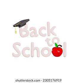 Render der Inschrift zurück zur Schule mit einem Apfel und einer akademischen Mütze. Vektorgrafik im 3D-Stil einzeln auf weißem Hintergrund