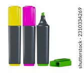 render markers in pink, yellow, green. Vector illustration in 3d style on a white background