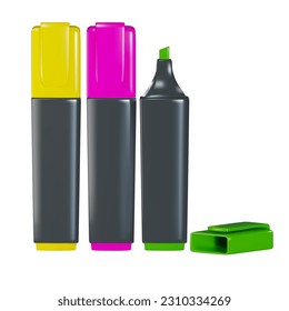 render markers in pink, yellow, green. Vector illustration in 3d style on a white background