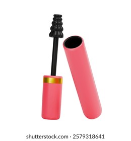 Render of mascara bottle. in pink color and with gold stripe. Vector 3d illustration on isolated white background