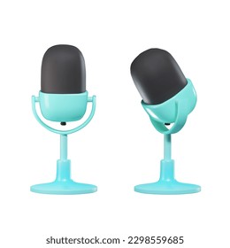 Render of a microphone on a blue stand for streaming or podcasting. front and side view. vector 3d illustration