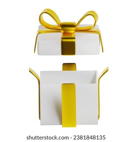 render of an open empty gift box with gold ribbon and bow. Vector 3D illustration on isolated white background