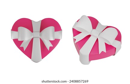 render of a pink heart-shaped box with a white bow. Top and side view.