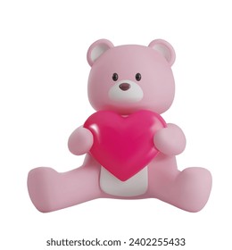 render of a pink teddy bear holding a heart. Vector 3D illustration on isolated white background