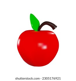 Representación de una manzana roja con una hoja verde y una rama. Ilustración vectorial en estilo 3d aislada en fondo blanco