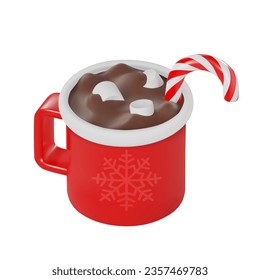 render of a red mug with a snowflake. christmas drink. cocoa or hot chocolate with marshmallows and lollipop. Vector 3d illustration isolated on white background