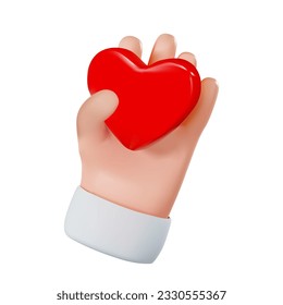 render of romantic icon hand holding red heart. vector 3d illustration on isolated white background