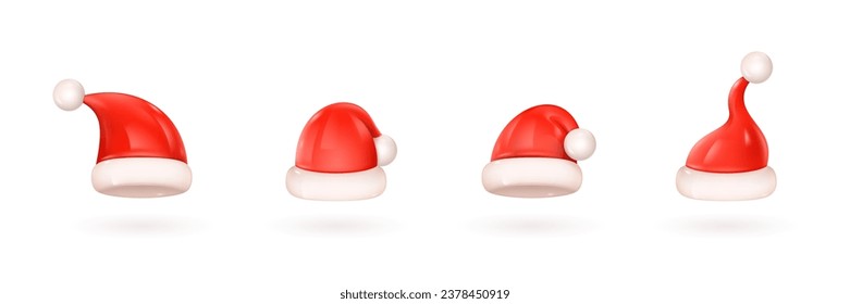 Render santa hats. 3d claus cap modern traditional christmas hat for head in winter, xmas party festive noel creative funny costume decoration, realistic decent vector illustration