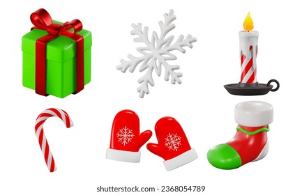 Render of a set of 3D icons for Christmas. Gift, mittens with a snowflake and a candy cane. Vector illustration on isolated white background.