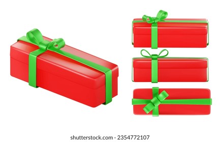 render of a set of rectangular shaped Christmas red gifts with a green ribbon at different angles. Side, top, front view. Vector 3d illustration isolated on white background