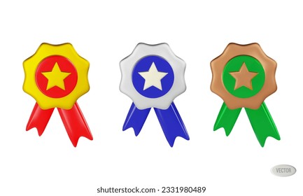 render of a set of ribbon round medals with a star, in gold, silver, bronze. Vector 3d illustration isolated on white background
