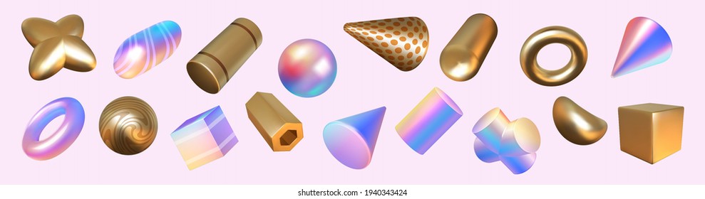 Render shapes  Abstract geometric holographic golden minimal elements  3D rainbow   metallic figures set  Glossy cubes  cylinders   spheres  Vector forms and color gradient