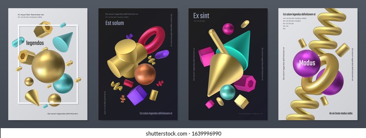 Render shapes poster. Realistic 3D geometry shapes, minimal flyer with abstract isometric elements. Vector render metal figures, illustration set element various shapes