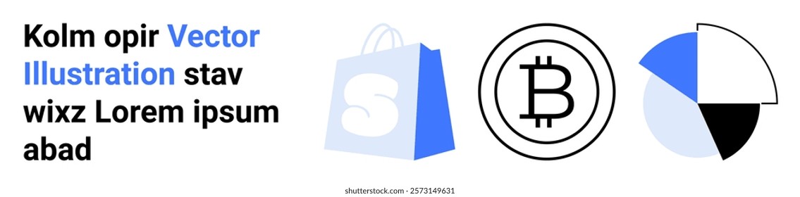 Render of a shopping bag, Bitcoin symbol and pie chart. Ideal for ecommerce, cryptocurrency, data analysis, finance and digital transactions themes. Landing page