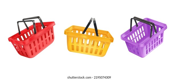Render shopping basket. 3d shops cart selling groceries supermarket, floating plastic market bucket realistic baskets for customer goods, creative product vector illustration. Basket to buy, cart 3d