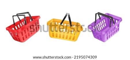 Render shopping basket. 3d shops cart selling groceries supermarket, floating plastic market bucket realistic baskets for customer goods, creative product vector illustration. Basket to buy, cart 3d