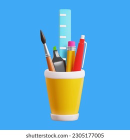 Render of stationery items brush, marker, pencil, pen, ruler in a glass. Vector illustration in 3d style isolated on blue background