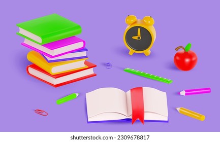 render of student workplace with textbooks, alarm clock, pencils and apple on isolated background. Vector 3d illustration