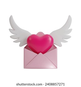 Render vector icon of an open envelope with a pink heart and white wings. elements for romantic or wedding design. Isolated 3D illustration on white background