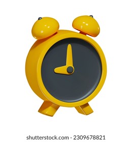 Render of a yellow, glossy alarm clock with a black dial and yellow hands. Vector illustration in 3d style isolated on white background