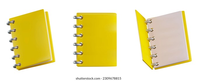 Render of a yellow notepad or notebook on a metal spring from different angles. Vector 3d illustration