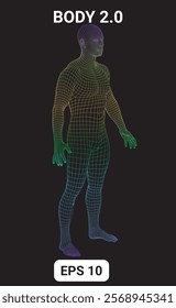 Rendered 3D human male body with wireframe mesh isolated.