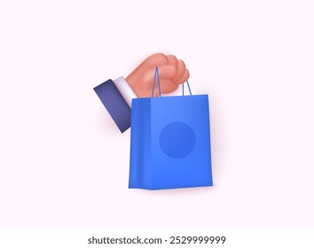 Mano de la historieta renderizada que sostiene la entrega o el bolso de compras. Concepto de icono de entrega. Ilustraciones vectoriales de Web 3D.