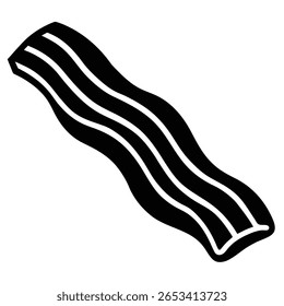 Rendered single piece of crispy bacon, featuring streaks of white marbling against a solid black background, on a transparent background providing visual contrast.