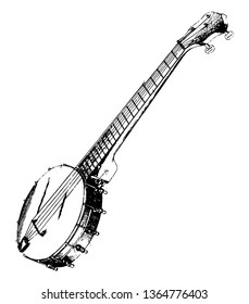 Rendered View of a Banjo has a rim with straining wires stretched across the head, vintage line drawing or engraving illustration.