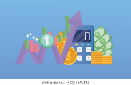 Rendering Bar Chart On the calculator screen with silver coins and arrows rising.on blue background.Vector Design Illustration.