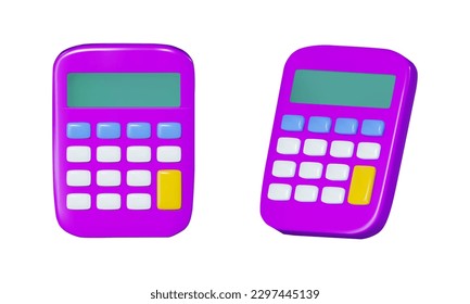 rendering of the calculator icon in purple in front and side view. Vector 3d illustration