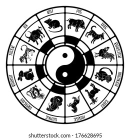 Rendering of the Chinese zodiac with all the animal symbols and Yin Yang in the centre