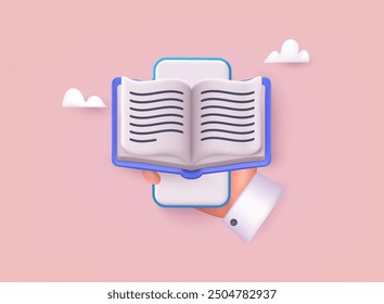 Rendering ebook icon, book in front of smartphone. Online education , online school, digital reading, e-learning concept. 3d vector illustration.