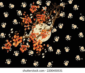 rendering of In the forest in the middle of the night, the full moon shines through the pink sakura trees at night. moon, tree, textile design, chaines , moon tree design.