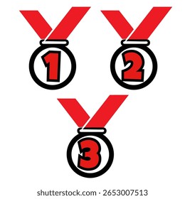 rendering of a medal with a red ribbon