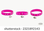 rendering of a pink collar with silver studs and a fish pendant for a cat, dog, pet. Vector 3d illustration isolated on white background