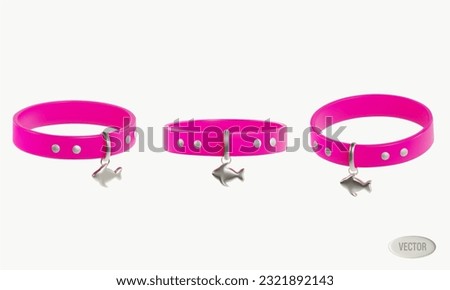 rendering of a pink collar with silver studs and a fish pendant for a cat, dog, pet. Vector 3d illustration isolated on white background