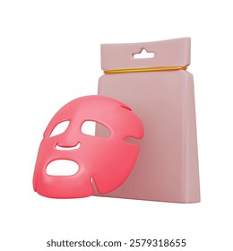 A rendering of a pink silicone face mask with packaging in beige. Cosmetic product for skin nourishment. Vector illustration on isolated white background