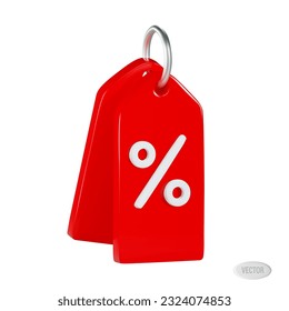 representación de una etiqueta roja con porcentajes en un anillo plateado para el comercio. Ilustración vectorial en estilo 3d aislada en fondo blanco