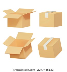 rendering of a set of icons of cardboard boxes for packaging and transportation from different angles. vector 3d illustration