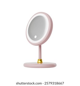 A rendering of a tabletop round mirror with neon lighting. Side view. For applying makeup. In beige color and with gold mount. Vector 3d illustration on isolated white background